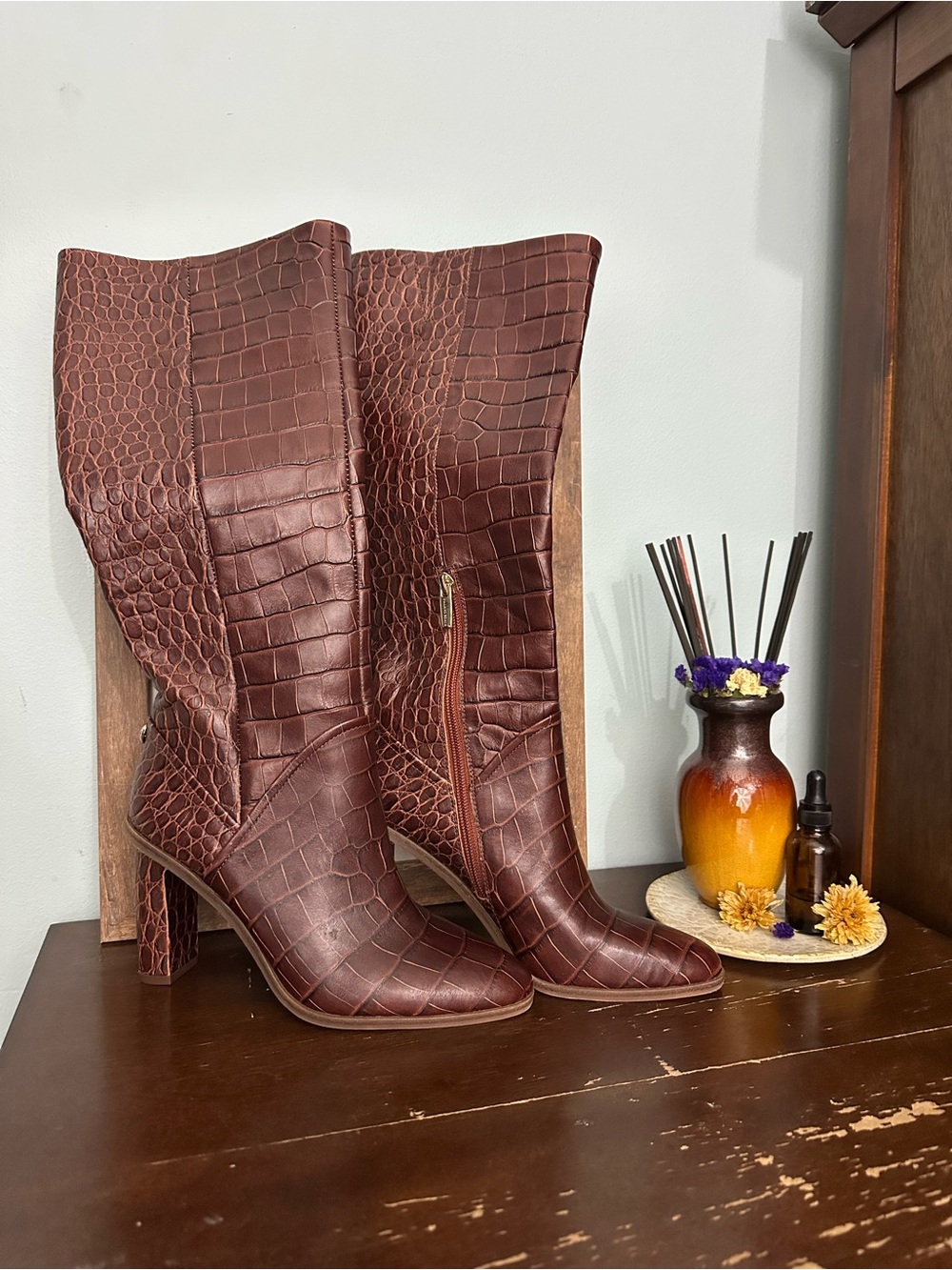 Vince Camuto Sangeti Women’s Mid-Calf Boots Brown Croc Leather